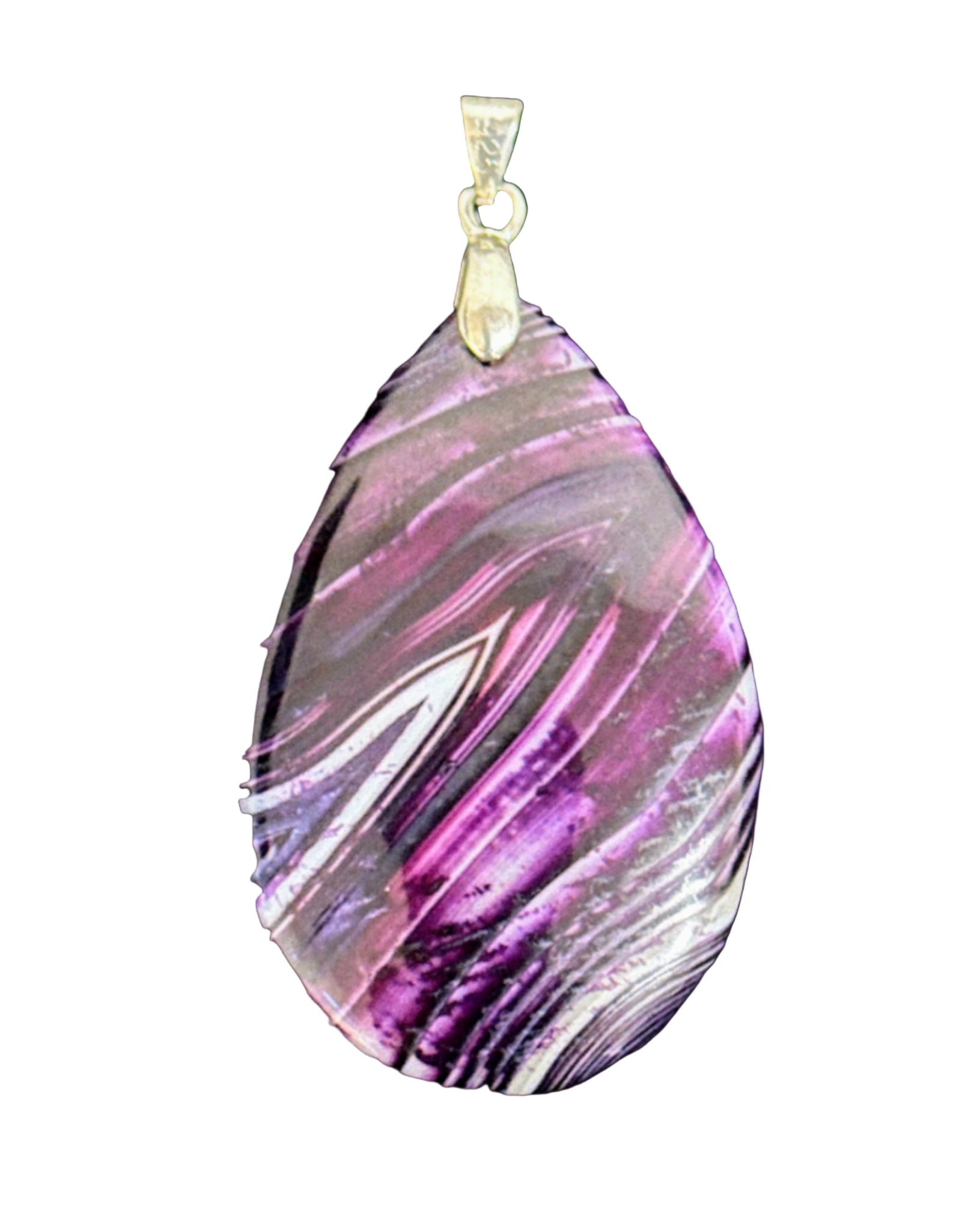 Teardrop-shaped purple and white pendant on a gold chain.