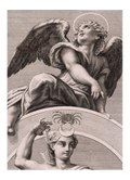 Decorative illustration of an angel with wings and a halo, holding a shield with a crab emblem.