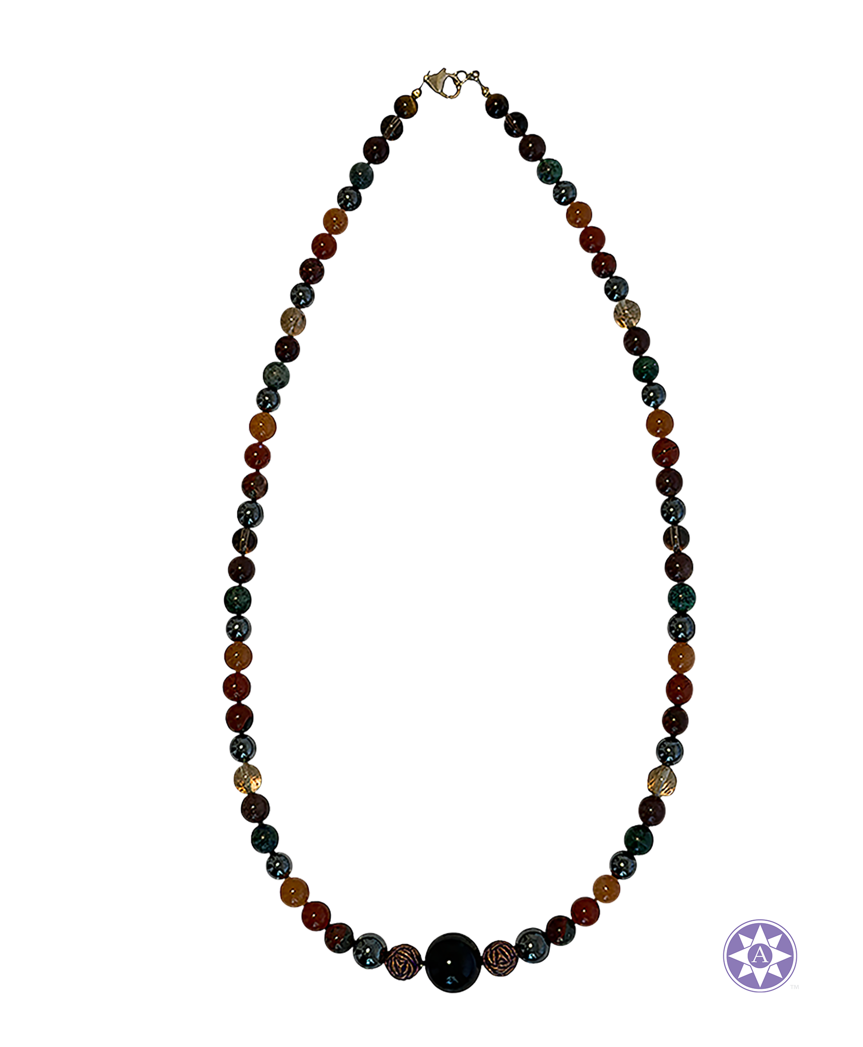 A beaded necklace featuring alternating dark green, brown, and black round beads, with a large textured black bead at the center front and a silver-tone clasp at the top, shown on a plain white background.