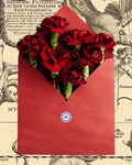 Red envelope with a heart-shaped arrangement of red flowers on an old document background