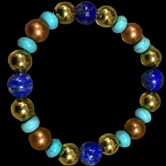 Sagiittarius Bracelet,  Lapis lazuli, turquoise, copper, and gold plated, Size: 8” 10 mm.  Designed and produced by AstroCreations. Makers of unique Zodiac jewelry.