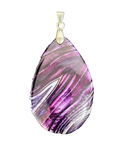 Teardrop-shaped purple and white pendant on a gold chain.