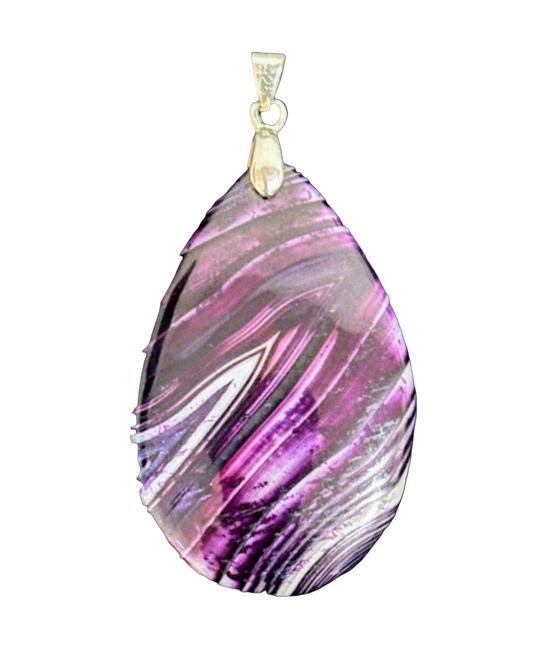 Teardrop-shaped purple and white pendant on a gold chain.