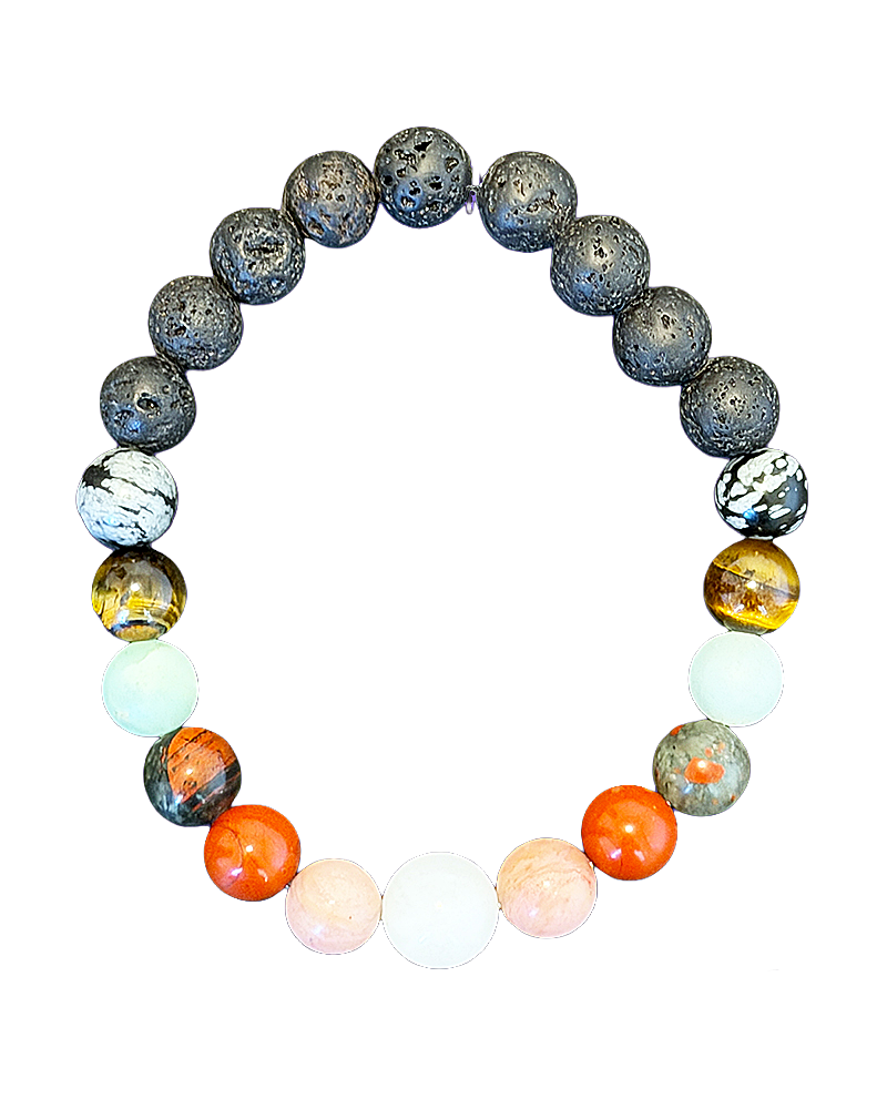 A beaded stretch bracelet featuring a mix of natural stone beads in various colors and patterns, including black lava stone, white and gray marbled beads, orange and pink stones, on a plain white background.